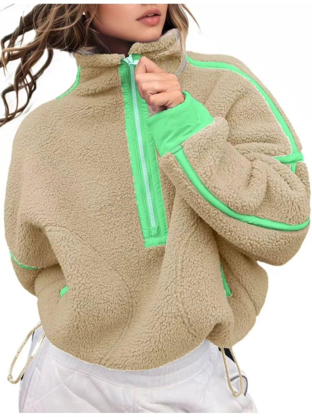 Women’s Brown Green Fleece Half ZIP Cropped Pullover Pocket Oversized Sweatshirt